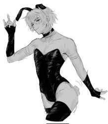 1boy 1male arm_gloves black_legwear boy bsd bungo_stray_dogs bungou_stray_dogs bunny bunny_boy bunny_costume bunny_ears bunny_tail bunnysuit dazai_osamu feminine_male long_gloves monochrome osamu_dazai smile solo solo_focus solo_male thigh_boots thigh_highs thighhighs twink twitter