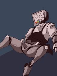 1boy apron character computer dick embarrassed general guy guy_robot half_clothed no_boxers no_pants non-human p.ai.nter_(pressure) pressure_(roblox) roblox robot solo solo_focus solo_male surprised surprised_expression