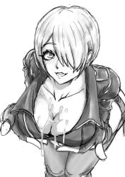 1girls after_paizuri angel_(kof) bending black_jacket cum cum_on_breasts hand_on_breast jacket king_of_fighters one_eye_covered short_hair smile white_hair