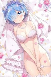 blue_eyes blue_hair blushing bridal_lingerie bride lingerie re:zero_kara_hajimeru_isekai_seikatsu rem_(re:zero) veil