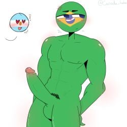 1boy 1girls annoyed argentina_(countryhumans) big_penis blue_eyes brazil_(countryhumans) countryhumans countryhumans_girl female_face green_body green_cock heart_eyes male muscular muscular_male pubes xx.canada.xx