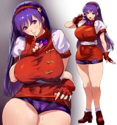 athena_asamiya big_breasts cameltoe earrings king_of_fighters long_hair negresco purple_eyes purple_hair skirt skirt_lift star sweat thick vagina