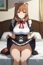 ai_generated alternate_costume animal_ears bangs blush breasts brown_hair dress dress_lift eyebrows_visible_through_hair female lifted_by_self long_hair maid no_panties puffy_sleeves pussy raccoon_ears raccoon_tail raphtalia short_sleeves sitting smile solo tail