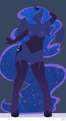 2015 absurd_res alicorn anthro anthrofied areola armwear blue_eyes blue_feathers blue_fur blue_hair breasts clothed clothing corset cutie_mark elbow_gloves equine feathered_wings feathers female friendship_is_magic fur gloves hair hand_behind_head hi_res horn legwear lingerie long_hair looking_at_viewer mammal my_little_pony nipples oops_(artist) princess_luna_(mlp) pussy simple_background skimpy solo standing stockings wings