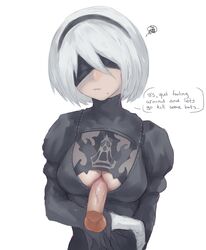 1boy artist_name bangs blindfold breasts chains cleavage cleavage_cutout clothed_sex collarbone cropped_shirt disembodied_penis dress female hairband juliet_sleeves mole mole_under_mouth navel nier nier:_automata nipples nude otonaru paizuri parted_lips penis perpendicular_paizuri pubic_hair puffy_sleeves pussy short_hair solo speech_bubble standing testicles thighhighs uncensored veiny_penis web_address white_hair yorha_2b