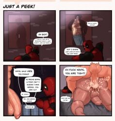 4th_wall_breaking anal anal_sex balls bara big_penis boner comic costume cum cum_in_ass cum_inside deadpool erection flaccid gay male male_only marvel marvel_comics millzdick muscles muscular nude orgasm penis peter_parker sex speech_bubble spider-man_(series) window