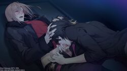 blonde_hair blowjob dark_hair long_hair male_only piercings pink_hair scars short_hair slow_damage sucking towa_(slow_damage)