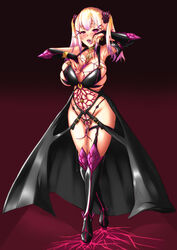 1girls blonde_hair blush bridal_gauntlets corruption earrings elf female full_body garter gradient_background gradient_hair ground_zero huge_breasts jewelry long_hair looking_at_viewer multicolored_hair open_mouth original pink_eyes pointy_ears skindentation solo solo_female tongue_out twintails zerogura