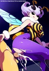 1boy1girl 2024 ai_generated antennae ass_focus beautifulcabincrew bee bee_girl capcom cum cum_inside darkstalkers female from_behind huge_ass insect_wings monster_girl patreon purple_hair q-bee torn_clothes vaginal_penetration wings