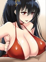 1boy 1girls azur_lane black_hair blush breasts choker cleavage dark-skinned_male dark_skin dress eyebrows_visible_through_hair female futoshi hair_between_eyes halterneck huge_breasts light-skinned_female light_skin paizuri red_dress red_eyes sakura_empire_(azur_lane) smile solo_focus taihou_(azur_lane) taihou_(forbidden_feast)_(azur_lane)