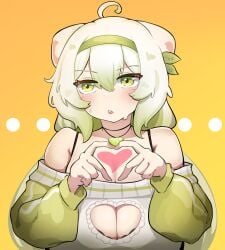 1girls absurd_res ahoge animal_ears big_breasts blush boob_window boobwindow_sweater bra breasts cleavage cleavage_cutout clothed_female clothing cute female ferret ferret_girl gesture green_eyes green_hairband green_highlights hair_between_eyes hair_ornament hairband heart heart_cutout heart_gesture heart_hands heart_symbol huge_breasts indie_virtual_youtuber laimu leaves_in_hair lime multicolored_hair necklace off_shoulder open_mouth sae_art simple_background sleeves solo sweat sweater sweating twintails virtual_youtuber vtuber wet_skin white_hair yellow_background