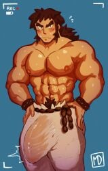 balls bara big_bulge big_penis blush boner bruno_(pokemon) bulge erection erection_under_clothes male male_only millzdick muscles muscular nintendo penis pokemon shirtless solo solo_male sweat sweating