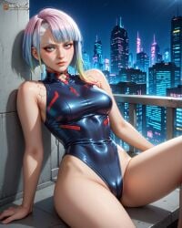 ai ai_generated bare_arms bare_legs createdwithai cyberpunk_edgerunners cyberskin digital_2d fan_art female girl highleg_leotard lucy_(cyberpunk) lucyna_kushinada makeup multicolored_eyes multicolored_hair nostra666 parted_bangs patreon red_eyeliner short_hair sleeveless_turtleneck_leotard stable_diffusion turtleneck_leotard white_eyebrows white_hair