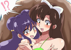 2girls bare_shoulders barefoot big_breasts bikini bikini_top blue_hair blush bow brown_eyes brown_hair cleavage duo female hair_ornament human large_breasts long_hair looking_down open_mouth ranma_1/2 ribbon shampoo_(ranma_1/2) shiny shiny_skin shirakai sweat swimsuit tied_hair ukyo_kuonji