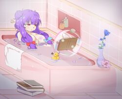 1girls bathing bathroom bathtub book braids bubble convenient_censoring double_bun flower_petals frown hair_covering_nipples half-closed_eyes huge_breasts jungleboyayaya magic messy_hair moon_hair_ornament patchouli_knowledge purple_hair reading_book red_eyes rubber_duck solo stack_of_books touhou towel