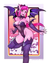 amber_(samanator_club) bat_wings braces breasts bridal_gauntlets demon demon_girl demon_wings fangs female hairbow halloween halloween_costume horns leotard long_hair open_mouth pink_hair pink_skin pointy_ears ponytail samanator_club smile solo standing thighhighs wings yellow_eyes