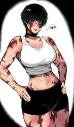 2d 2d_(artwork) burn_scar cameltoe choker clothed color color_edit colored fit_female green_hair jujutsu_kaisen masoq095 midriff muscle_mommy muscular_female scars shirt slim_waist solo solo_female solo_focus speech_bubble sweat tagme text tomboy white_shirt wide_hips yellow_eyes zenin_maki