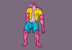 5_fingers amazon_river_dolphin anthro bottomwear bulge cetacean clothing dolphin fingers genitals hi_res jovi_cap male male_only mammal marine muscular original_character penis pink_body river_dolphin shorts solo toothed_whale topwear