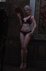 3d bra breasts ciri green_eyes high_heels looking_at_viewer missally panties scar solo the_witcher_(series) the_witcher_3:_wild_hunt underwear white_hair