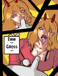 big_breasts blonde_female blonde_hair blowjob blowjob_face chainsaw_man cleavage clothed clothed_female_nude_male clothed_sex cock_and_ball_torture comic cum cum_drip cum_in_mouth cum_on_body cum_on_breasts cum_on_face dominant_female english english_text fellatio femdom horn horns leash leash_pull open_mouth power_(chainsaw_man) sharp_teeth smug smug_face teeth teeth_showing tied_up tsuman_(artist) yellow_eyes