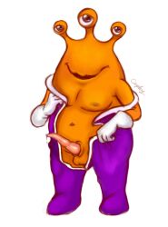 3_eyes alien cephalofille erection looking_at_viewer multo orange_body precum purple_clothing qubo tagme the_zula_patrol white_background