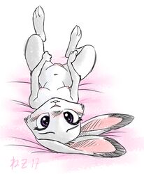 1girls 2017 anthro blush breasts cute disney female female_only fur grey_fur judy_hopps lagomorph looking_at_viewer lying mammal navel nezuya nipples nude on_back purple_eyes pussy rabbit small_breasts solo white_belly zootopia