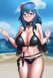 alternate_costume bikini black_bikini black_swimsuit blue_eyes breasts byleth_(female)_(summer)_(fire_emblem) byleth_(fire_emblem) byleth_(fire_emblem)_(female) female female_only fire_emblem fire_emblem:_three_houses fire_emblem_heroes nintendo official_alternate_costume solo swimsuit teal_hair zipperqr