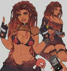 1girl 1girls bikini bikini_top clothed clothed_female collar dark-skinned_female dark_skin devil_horns_(gesture) dreadlocks face_piercings female_only girl_who_is_obsessed_with knuckles_the_echidna nintendo nintendo_switch phone piercing piercings plushie red_hair sega solo solo_female sonic_(series) spiked_collar yoracrab