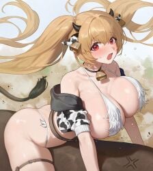 1animal 1girls anger_vein animal_ears animal_print ass azur_lane bare_shoulders bell bikini blonde_hair blush breasts bull cow_ears cow_horns cow_print cropped_jacket female hair_intakes highleg highleg_bikini highres horns huge_breasts jacket kersaint_(a_saint's_mercy_can_do_no_wrong)_(azur_lane) kersaint_(azur_lane) light-skinned_female light_skin long_hair looking_at_viewer neck_bell nhaliz off_shoulder official_alternate_costume open_mouth red_eyes riding short_sleeves sweat swimsuit thighs twintails very_long_hair vichya_dominion_(azur_lane) white_bikini white_jacket