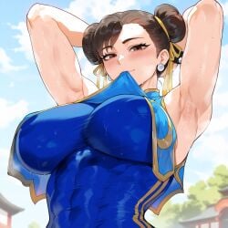 ai_generated armpits arms_behind_head blue_bodysuit bodysuit brown_eyes brown_hair chun-li clothes_in_mouth clothes_lift covered_abs covered_nipples creamy_ai curvy double_bun large_breasts narrow_waist skindentation street_fighter sweat toned unitard upper_body