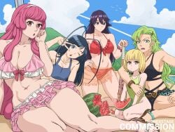 bambietta_basterbine baseball_bat beach_background black_hair bleach:_the_thousand-year_blood_war blonde_hair blue_eyes brown_eyes candice_catnipp commissioner_upload eating_food giselle_gewelle green_eyes green_hair honexstage liltotto_lamperd long_hair looking_at_viewer meninas_mcallon multiple_girls pink_eyes pink_hair quincy_(bleach) sandals sfw sternritter swimsuits vgen_commission watermelon_crushing yellow_eyes