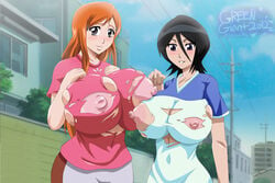 2girls alternate_breast_size black_hair bleach blue_sky breast_expansion breasts cleavage dress_shirt erect_nipples female greengiant2012 huge_breasts inoue_orihime kuchiki_rukia looking_at_viewer multiple_girls nipples orange_hair pink_clothes road shirt sky street t-shirt torn_clothes