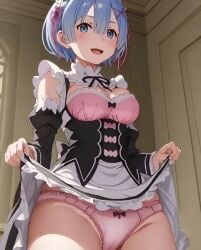 ai_generated blue_eyes blue_hair panchira panties pantsu pink_panties re:zero_kara_hajimeru_isekai_seikatsu rem_(re:zero)