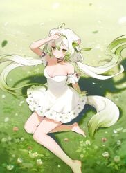 ahoge animal_ears armwear barefoot big_breasts breasts cleavage clothed dress ferret ferret_girl flowing_hair grass grass_field green_eyes green_highlights hair hair_ornament hairband hand_on_head highres indie_virtual_youtuber laimu lime necklace off_shoulder outdoors outside sitting tail twintails virtual_youtuber vtuber white_dress white_hair yenkoes