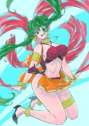 1girls :d alternate_costume bare_arms bare_legs bare_midriff breasts dancer earrings female female_only fire_emblem fire_emblem:_genealogy_of_the_holy_war green_eyes green_hair high_heels large_breasts legs long_hair midriff nintendo open_mouth silvia_(fire_emblem) smile solo ta_dasu_(tadasu_hayashi) very_long_hair