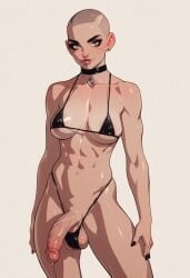 abs ai_generated bald bald_female balls_in_panties bikini broskybro choker flaccid freckles futanari micro_bikini precum semi-erect shaved_head veiny_penis white_background