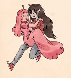 adventure_time black_hair checkered_shirt crown holding marceline pink_dress pink_hair princess princess_bubblegum safe safe_for_work vampire vampire_girl