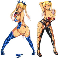 10s 2girls anal_tail arm_behind_head armpits ass bakuon!! bar_censor bikini blonde_hair blush breasts brown_eyes censored cervix choker condom_left_inside condom_wrapper dildo earrings full_body ground_zero hair_ornament hair_twirling hand_behind_head heart heart_pasties high_heels jewelry large_breasts long_hair multiple_girls nail_polish open_toe_shoes pasties platform_footwear platform_heels prolapse pubic_tattoo red_heart_pasties red_pasties revealing_clothes saliva sex_toy shiny shiny_clothes simple_background skindentation stomach_tattoo suzunoki_rin swimsuit tail_plug tan tattoo thighhighs tied_hair toeless_footwear tongue tongue_out twintails white_background zerogura