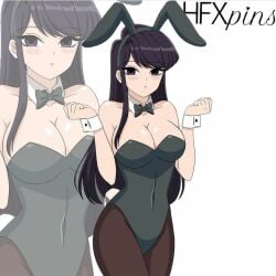 black_hair blush braless bunny_ears bunny_tail bunnysuit cleavage cuffs_(clothing) dark_eyes dark_hair female female_human female_only hfxpins komi-san_wa_komyushou_desu komi_shouko long_hair pale pale-skinned_female pale_skin sole_female