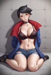 ai_generated big_breasts black_hair boruto:_two_blue_vortex civitai glasses kneeling large_breasts naruto naruto_(series) open_jacket red_eyes sarada_uchiha sharingan short_hair