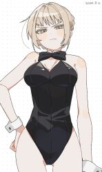 >:( 2024 absurdres bare_shoulders black_bow black_bowtie black_leotard blonde_hair body_blush bow bowtie braid breasts bunnysuit cleavage closed_mouth cowboy_shot dated detached_collar elden_ring female female female_only fromsoftware frown gluteal_fold grey_eyes hair_intakes hand_on_own_hip highres leotard light_blush medium_breasts needle_knight_leda playboy_bunny sahata_saba shadow_of_the_erdtree short_hair solo v-shaped_eyebrows white_wrist_cuffs wrist_cuffs