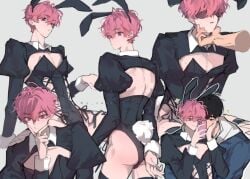 2boys bamby_(plave) black_eyes black_hair blindfold bunny_boy bunny_ears bunny_tail bunnysuit couple femboy feminine_male gay hamin_(plave) holding_chin kpop male male_only pale_skin pink_eyes pink_hair plave sweat taking_photo virtual_group