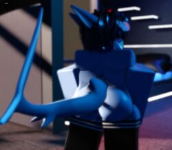 big_butt big_hips black_hair blue_shark blurry_background feminine_male high_thighs roblox roblox_avatar room_background shark_boy shark_fin shark_tail