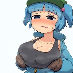 1girls big_breasts blue_eyes blue_hair breasts camp_of_hunger cleavage hat holding_own_breasts jacket light-skinned_female nitori_kawashiro open_jacket solo solo_female sweat tank_top touhou twintails white_background