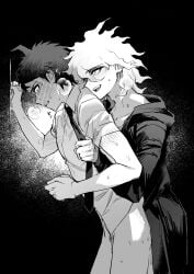 :d absurdres against_wall anal blush bottomless collarbone danganronpa danganronpa_2:_goodbye_despair from_side fug_uai gradient_background greyscale highres hinata_hajime jacket male_focus monochrome nagito_komaeda necktie necktie_grab neckwear_grab pants sex sex_from_behind shirt short_sleeves skinny smile standing standing_sex sweat tearing_up teeth upper_teeth_only yaoi