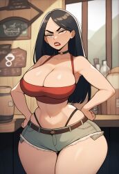 ai_generated black_hair choker gray_eyes heather_(tdi) huge_ass jean_shorts large_breasts lipstick long_hair massive_ass straight_hair thong total_drama_island tubetop wide_hips