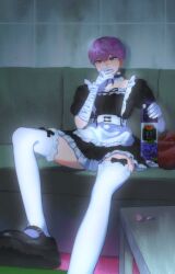 alcohol bamby_(plave) femboy feminine_male kpop maid maid_dress maid_outfit maid_uniform male male_only pink_eyes pink_hair plave sitting_on_sofa smoking virtual_group