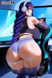 ai_generated black_thighhighs blind braided_ponytail computer_monitor dolphin_shorts evilkuro05 gaming_chair gaming_headset genshin_impact looking_back massive_ass purple_shorts raiden_shogun sexy_pose streamer streaming tank_top