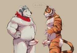 2024 anthro armor balls bear belly comparing comparing_penis dialogue duo english_text epic_games felid fortnite genitals hands_on_hips headgear helmet hi_res holding_own_penis holding_penis humanoid_genitalia humanoid_penis kerchief looking_at_another male male/male mammal mostly_nude muscular muscular_anthro muscular_male nipples oscar_(fortnite) overweight overweight_anthro overweight_male pantherine penis penis_size_difference polar_bear polar_patroller pubes slightly_chubby slightly_chubby_anthro slightly_chubby_male speech_bubble srapolowo standing tail text tiger ursine