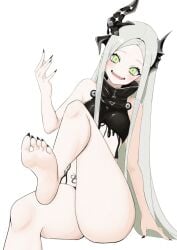 asymmetrical_horns barefoot black_horns black_liquid black_nails black_toenails breasts fangs feet female foguma forehead goddess_of_victory:_nikke green_eyes grey_hair highres horns leviathan_(nikke) liquid_clothes looking_at_viewer open_mouth pointy_ears sharp_teeth sharp_toenails simple_background small_breasts smile soles teeth toenails white_background